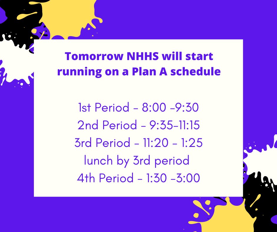 NH_knights's tweet photo. We are excited for students to return on Plan A starting Tuesday March 23. Please check your student google classrooms for information about the schedules and lunches. #KnightNation https://t.co/UYyvwq03Cz