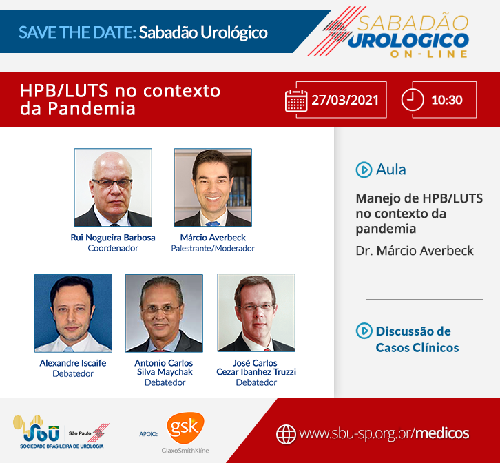 🗓 Neste sábado, às 10:30

👉 O Sabadão Urológico vai falar sobre HPB/LUTS no contexto da pandemia

➡ Não perca: mla.bs/871ee4c9
.
#sbusp #sabadaourologico #hpb #luts