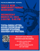 ps24_q's tweet photo. @ps24_q Title 3 New Parent Immigrant Workshop, Wednesday, March 24 from 2:45PM-3:45PM. For details go to our school website at https://t.co/aYNWJjmnn8 https://t.co/Vm2dmLnhOx