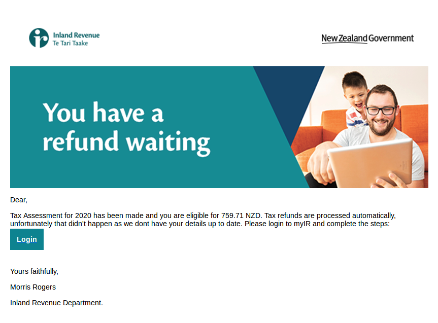 CERTNZ's tweet photo. Our threat feed picked up a large scale phishing campaign which was impersonating @NZInlandRevenue trying to scam NZers (see below). With help from our pals at @CassiniNZ we were able to stop it before any major damage happened. It's an "incredible result" https://t.co/HvQuigiYBT https://t.co/5Scsehp75t