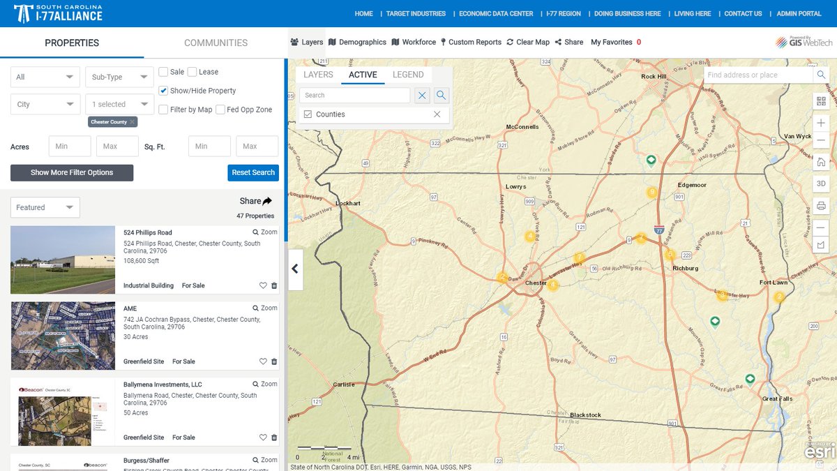 SCI77Alliance's tweet photo. 34% of all jobs in #ChesterCountySC are in #manufacturing...4x's #Charlotte region's avg! Search their 37 #greenfield sites in our #GIS property database and find the location for your company's next plant. #CRE #econdev https://t.co/lFE75DlZHr https://t.co/CZK8RmcFAq
