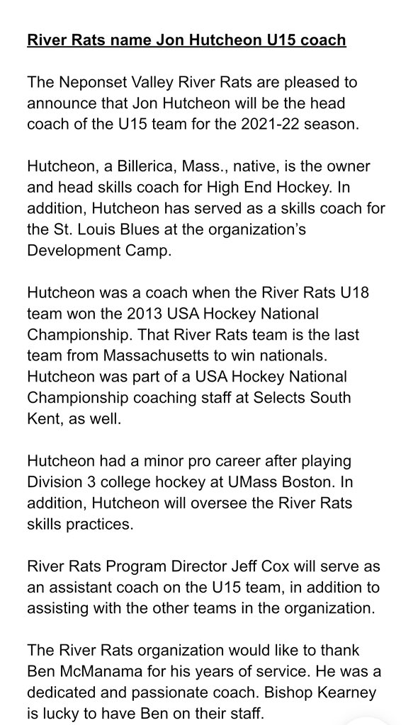 The River Rats are pleased to announce that Jon Hutcheon will be the head coach of the U15 team for the 2021-22 season. Full release below:
