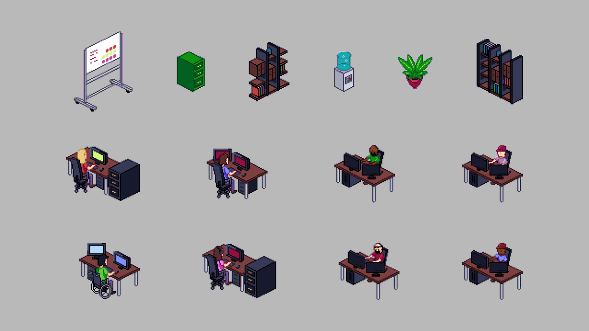 Pixel art of office furniture and people at desks