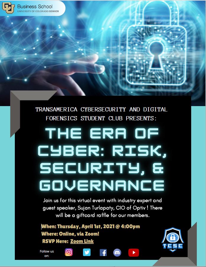 TCSC_Denver's tweet image. Sujan Turlapaty, the CIO of Optiv, will share great insight on cybersecurity practices and application within large corporations. Registered members will also have a chance to win Amazon gift card! ucdenver.zoom.us/webinar/regist…