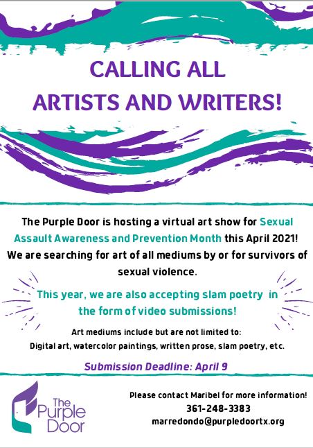 TAMUKIX's tweet photo. Calling all artists! The Purple Door is looking for art of all mediums by or for survivors of sexual violence @JavelinaNation #TAMUK #SAAM https://t.co/1VlsbhZ5sW