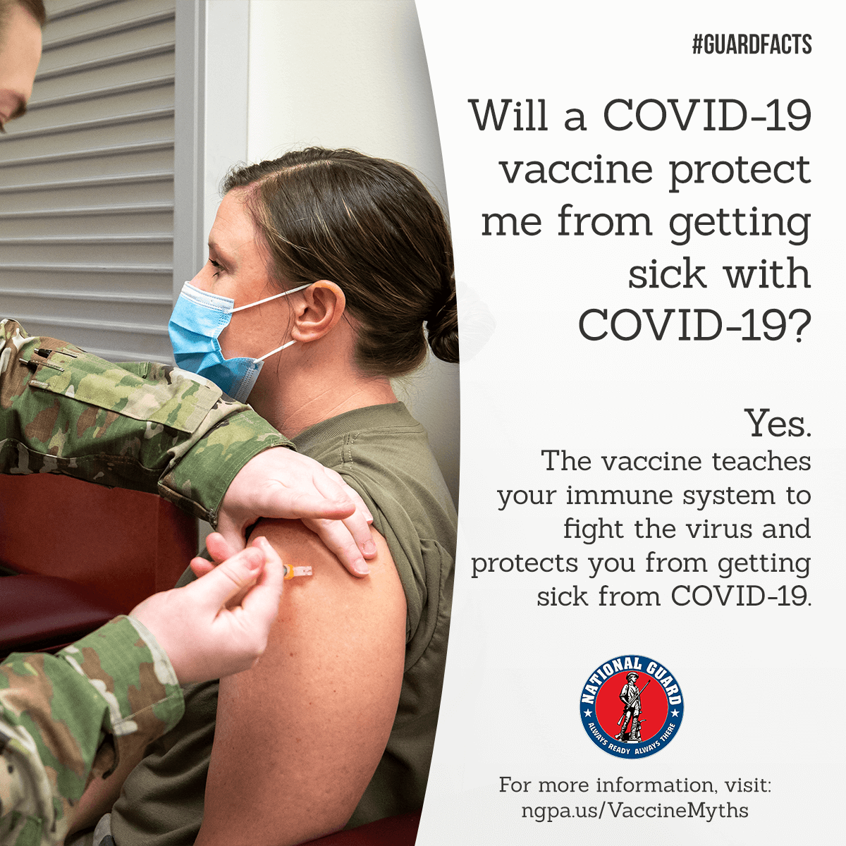 OKGuard's tweet photo. Myth: Getting the COVID-19 vaccine will protect me from getting sick with COVID-19.
Fact: That's a fact. The vaccine teaches your immune system to fight the virus and protects you from getting sick from COVID-19.
#GuardFacts #InThisTogether https://t.co/dB52CmxdNy https://t.co/QVRWzBlrE7
