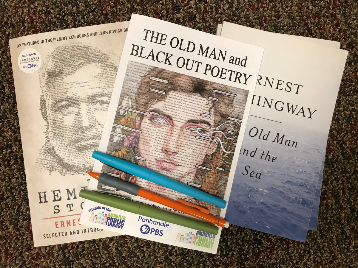 AmarilloPublic's tweet photo. "The Old Man and Black Out Poetry" kits are now available for pickup at the Downtown Library.  Create your masterpiece and return it by April 2 and we'll choose winners based on the words and pictures!  Mark your calendars for Hemingway on @PanhandlePBS starting April 5. https://t.co/I3pgE3BiNG