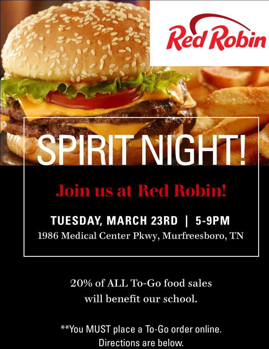 SCECardinals's tweet photo. Our @SCE_PTO is having a Spirit Night tomorrow @redrobinburgers! To Go orders only! #creeklife https://t.co/jJCCRGdU5m