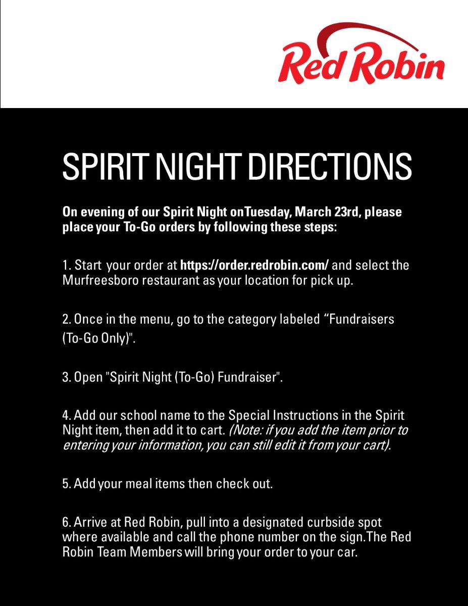 SCECardinals's tweet photo. Our @SCE_PTO is having a Spirit Night tomorrow @redrobinburgers! To Go orders only! #creeklife https://t.co/jJCCRGdU5m