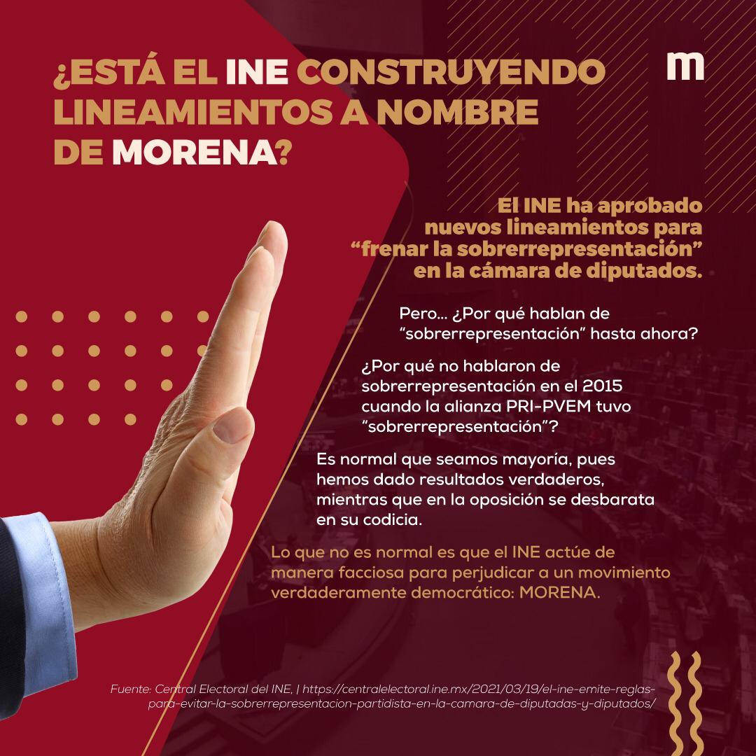 PartidoMorenaMx's tweet photo. Haciendo lineamientos directamente contra #Morena, el INE exhibe una vez más su sesgo partidista. 

Una vez más, buscan imponer sus intereses por encima de la vida democrática del país ✋🏾. https://t.co/0t1EelVkrm
