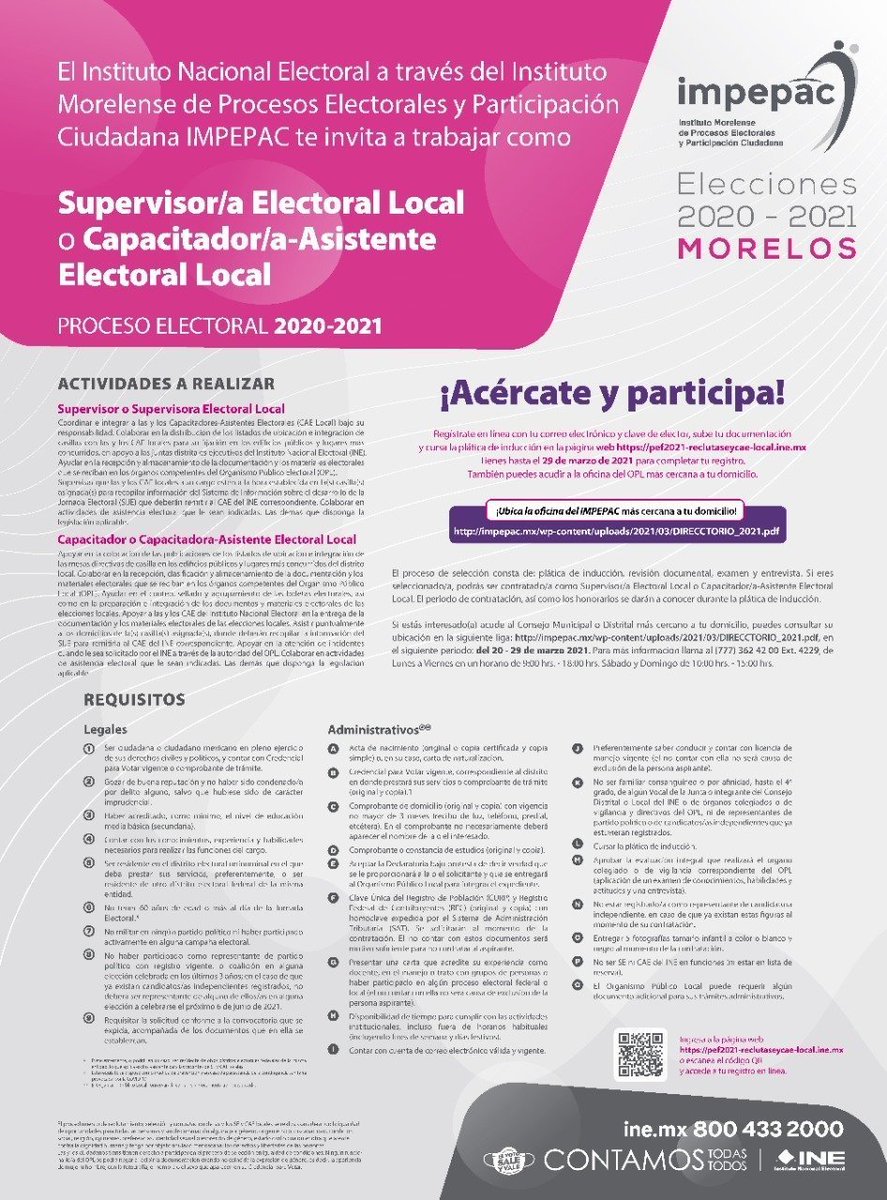 🚨 ¿Quieres trabajar como Supervisor/a Electoral Local o Capacitador/a-Asistente Electoral Local en las próximas elecciones?
Conoce la 📄 convocatoria y participa en el proceso de reclutamiento.
La convocatoria estará abierta hasta el 29 de marzo
Aquí más Información 👇
