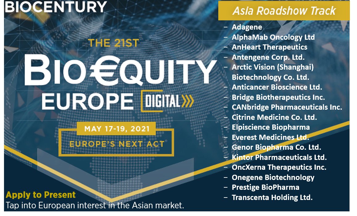 BioCentury's tweet photo. 1st ever Asia Roadshow Track of emerging #biotechs at #BioEquity Europe. Find your next China/Asia partner >> partneringONE opens April 5 https://t.co/IEzOeLA6fo
#UKBiotech @EuropaBio #Biotech @BIA_UK #BiotechNews #lifesciences @SwissBiotech @EBDgroup @pharmaceutical https://t.co/3LZplUirsT
