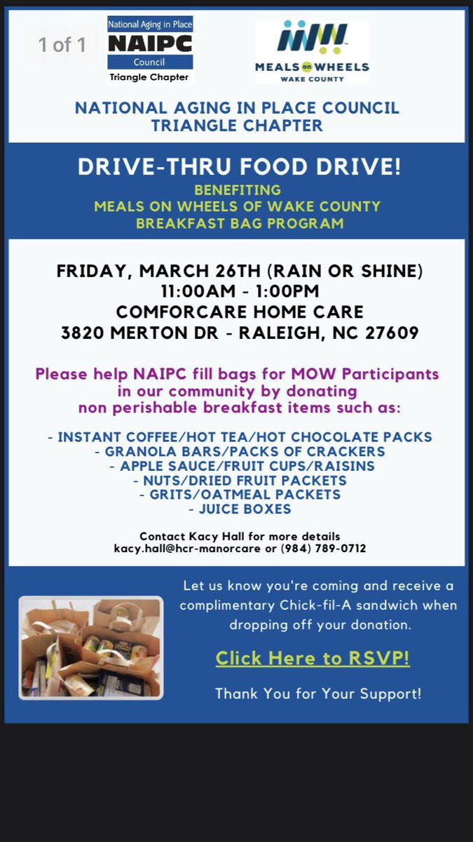 Kristina218's tweet photo. Please consider donating food for Breakfast Bags for @WakeMOW clients this Friday (3/26) at the @NAIPC drive-thru food drive! #seniors https://t.co/inBROsdq5o