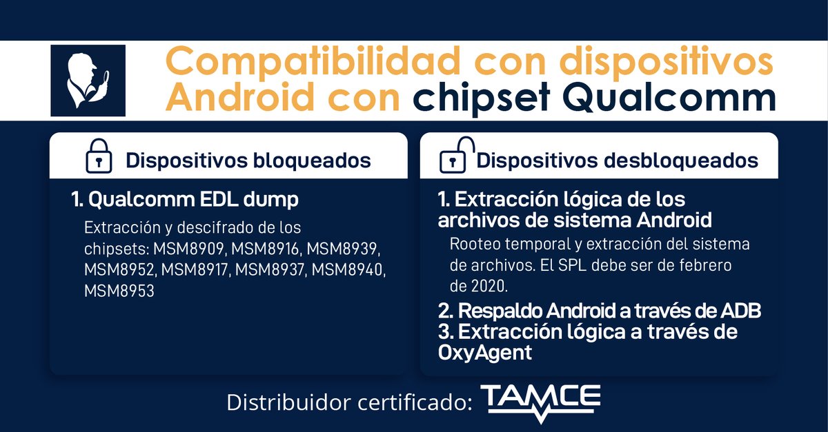 Tamce_Oxygen's tweet photo. @oxygenforensic  Detective ofrece varios métodos de extracción de datos de dispositivos bloqueados o desbloqueados Android con chipset Qualcomm.
#Tamce #Oxygenforensic #SoftwareForense #Android #chipset #Qualcomm https://t.co/tCp64jNfKJ