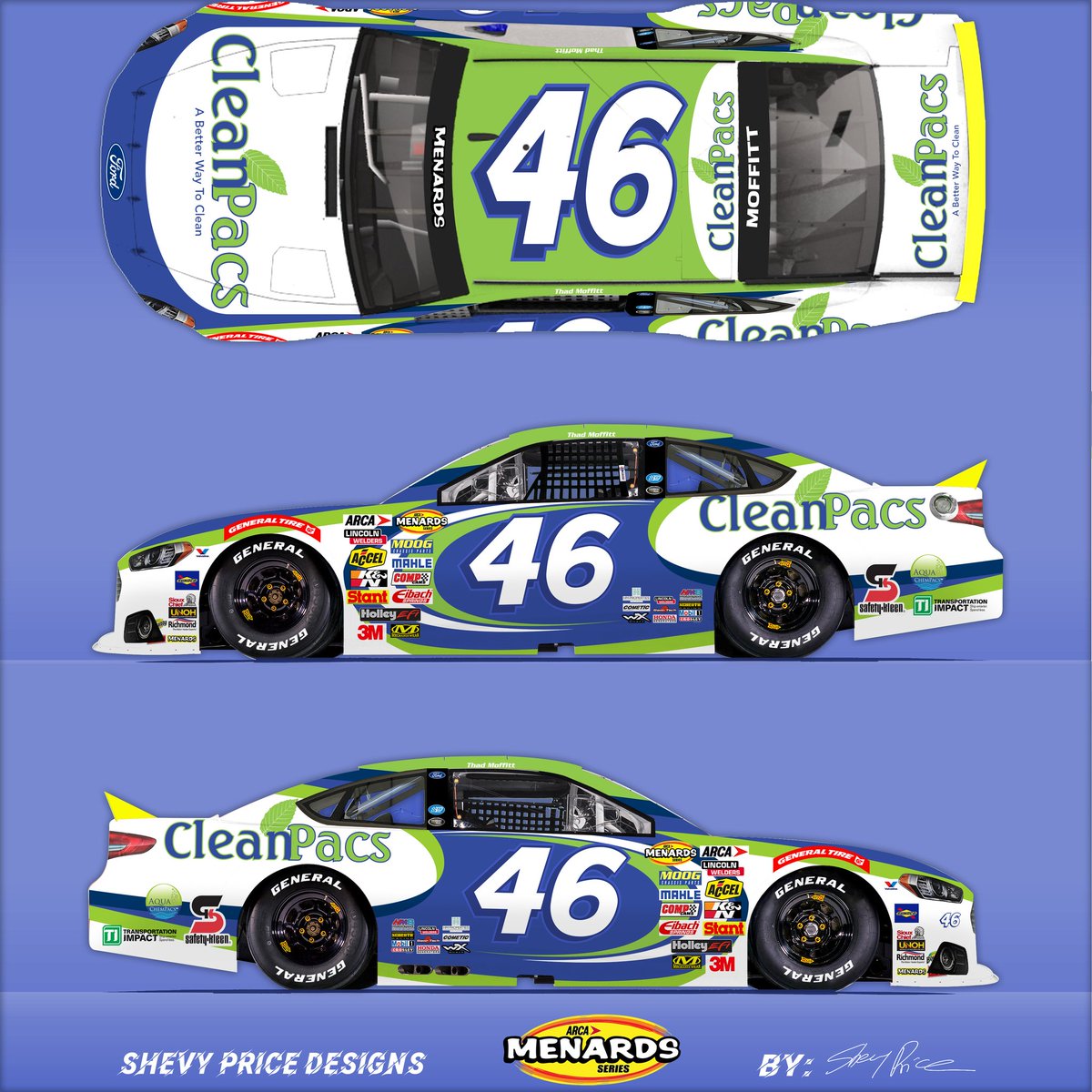 S_PRICE_DESIGNS's tweet photo. 2021 @ThadMoffitt @CleanPacs paint scheme concept. @dgr_racing @ARCA_Racing @NASCAR #NASCAR #Racing #motorsports #ford #fusion #PaintScheme #MondayVibes #racecar #sports #CleanPacs #eco #environmental #cleaning #products #pacs #ARCA #ThadMoffitt #DavidGillilandRacing #ArcaSeries https://t.co/JlgJMblNoA