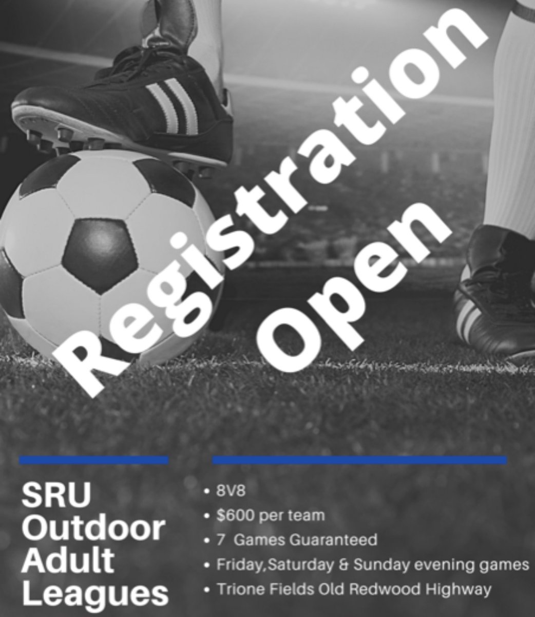 SantaRosaUnited's tweet photo. Adult Leagues 
8v8 Friday Saturday and Sunday early evening games
7 games guaranteed $600
Starts April 9th at Trione Fields
Question please contact:
Steven Cumberton scumberton@srunited.com
https://t.co/Q5dGr6CkWi https://t.co/EzthKAWrzl
