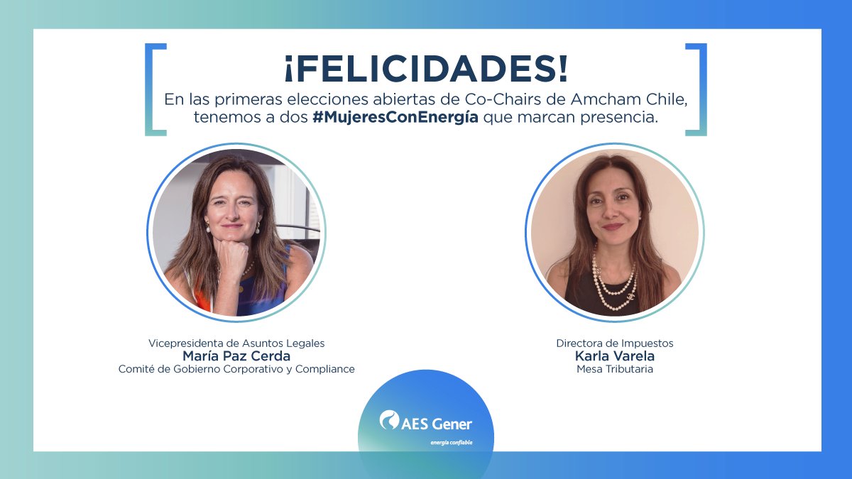 ¡Felicidades <a href="/MariaPazC/">Maria Paz Cerda</a>  y Karla Varela! 

Dos de nuestras #MujeresConEnergía fueron elegidas dentro del Co-Chair de <a href="/AmChamChile/">AmCham Chile</a>.

📰 La Tercera: bit.ly/3f9P7dp 
📰 Diario Financiero: bit.ly/3r4pJrJ