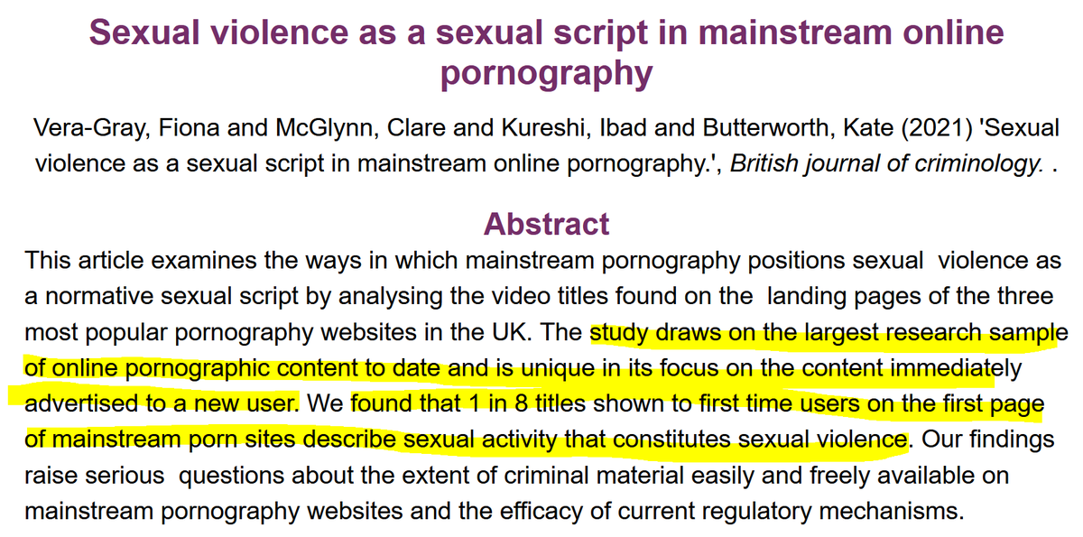 NEW STUDY "draws on largest sample of online pornographic content to date &amp; is unique in its focus on content immediately advertised to a new user. We found that 1 in 8 titles shown to first time users on the first page describe sexual activity that constitutes sexual violence."