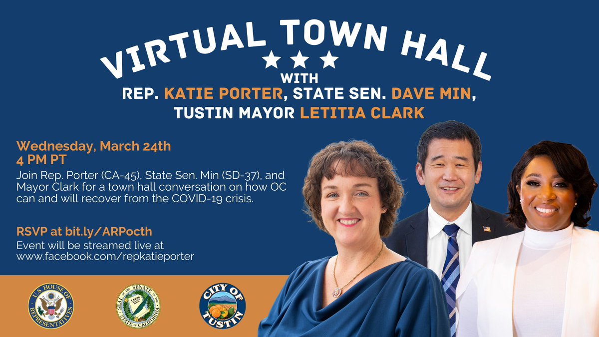 TeamKatiePorter's tweet photo. State and local governments provide critical services—especially during a pandemic. On Wednesday, I’m teaming up with @SenDaveMin and @LetitiaCClark for a virtual town hall on how we’re working in lockstep to help Orange County recover from the pandemic. Hope to see you there! https://t.co/1BKXil7fbp