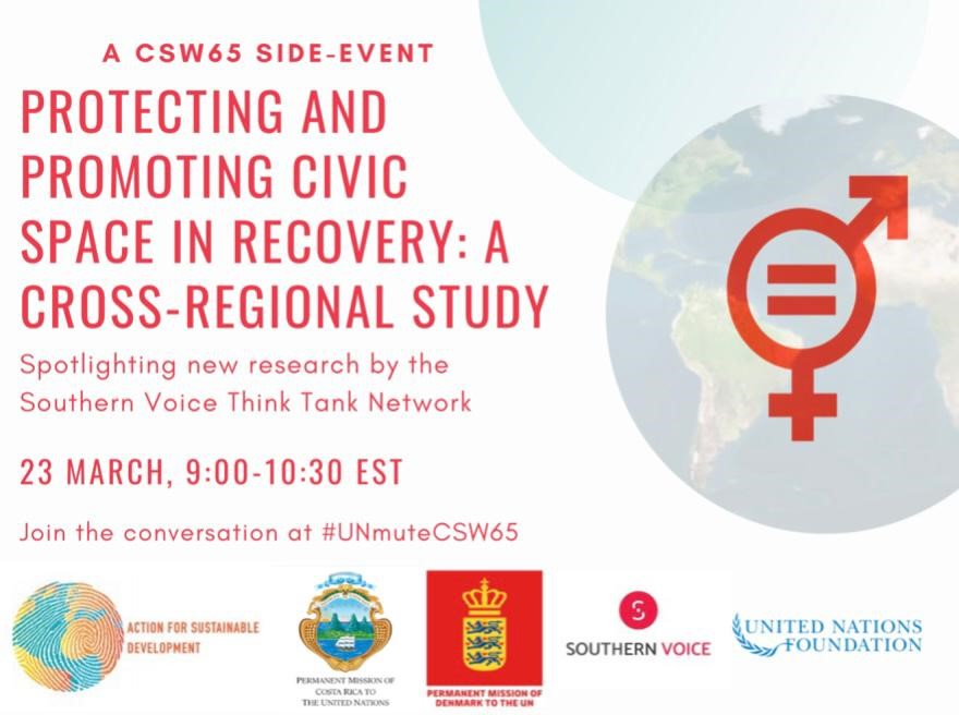 Denmark_UN's tweet photo. 🗣️ Join us tomorrow for our #CSW65 event with on-the-ground accounts from civil society &amp; interactive discussion with the exchange of ideas for ways to protect civic space in a gender-responsive recovery to the pandemic. #UNmuteCSW65 #DK4CivicSpace

RSVP: https://t.co/xhn5G1eZEW https://t.co/tHF53wXm2X