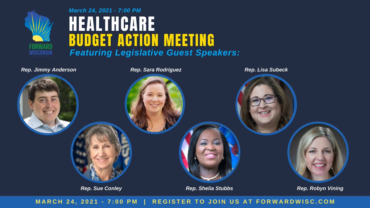 Forward_Wisc's tweet photo. Have you seen our amazing legislative speaker list for this Wednesday's Healthcare Budget Action Meeting?
Come hear from @Rep_Jimmy, @RepSueConley, @RepSRodriguez, @RepStubbs, @LisaSubeck, & @RepRobynVining, alongside our hosts @RepGoyke
& @RepGreta! /2 https://t.co/5oA9oiHTva