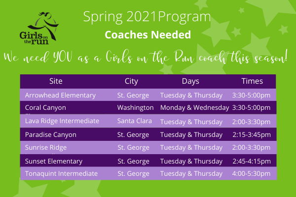 GOTR_SouthernUT's tweet photo. Be her coach, her mentor and friend by volunteering at Girls on the Run!

Spring program starts March 29th and our girls need coaches like you for the following sites.

You will not regret it! Find out more: https://t.co/aQrakSEqDt

#gotrsouthernutah #girlempowermentprogram https://t.co/Oc2XocCV3u