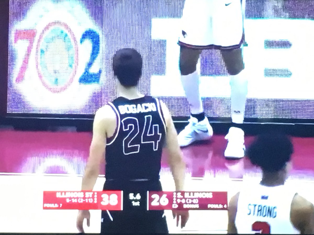 LukeBogacki's tweet photo. While we weren't able to attend @SIU_Basketball  games in person this season, I got the unique opportunity to make my son's day and honor my father (his namesake) with a jersey in the Blackout Cancer game. Thanks to @terntb (Gary's favorite player) for representing our family! https://t.co/xHotnaqjmw