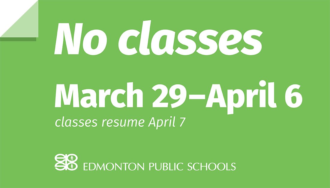 There are no #EPSB classes Monday, March 29 to Tuesday, April 6 for spring break, Easter Monday and a Board Approved Non-Instructional Day. Classes resume Wednesday, April 7. More important dates and holidays: epsb.ca/calendars/back… #yeg
