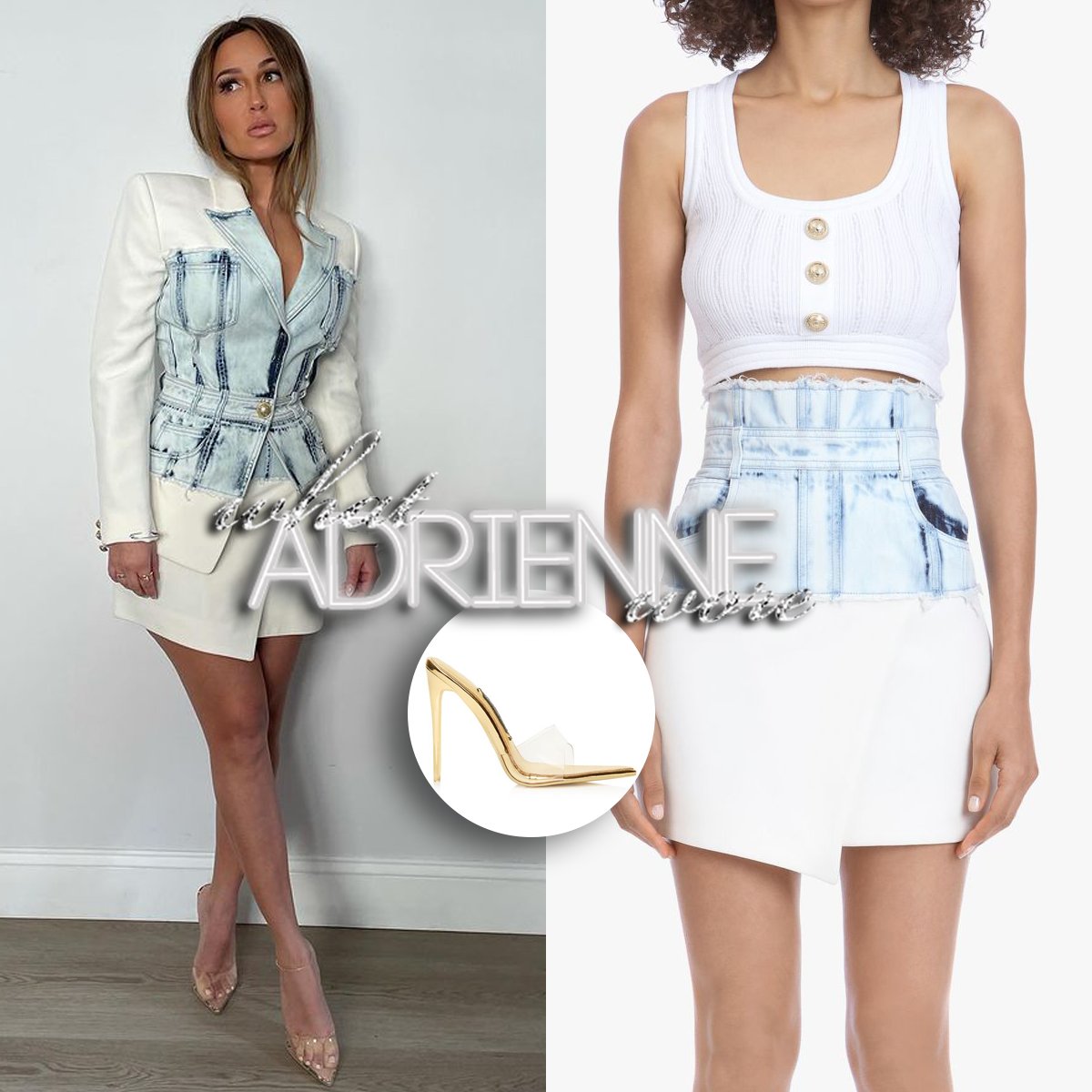 WhatAdrienneW's tweet photo. @AdrienneBailon wore this exact @Balmain Blue and White Denim Denim Skirt  along with a pair of Jessica Rich Racy Mule Gold heels during a fitting for Season 2 of @SeeYourVoiceFOX Friday March 12th, 2021. Links to purchase this skirt is below!

#Balmain 

https://t.co/B2gUsLJ0LG https://t.co/I24cyJcuyf