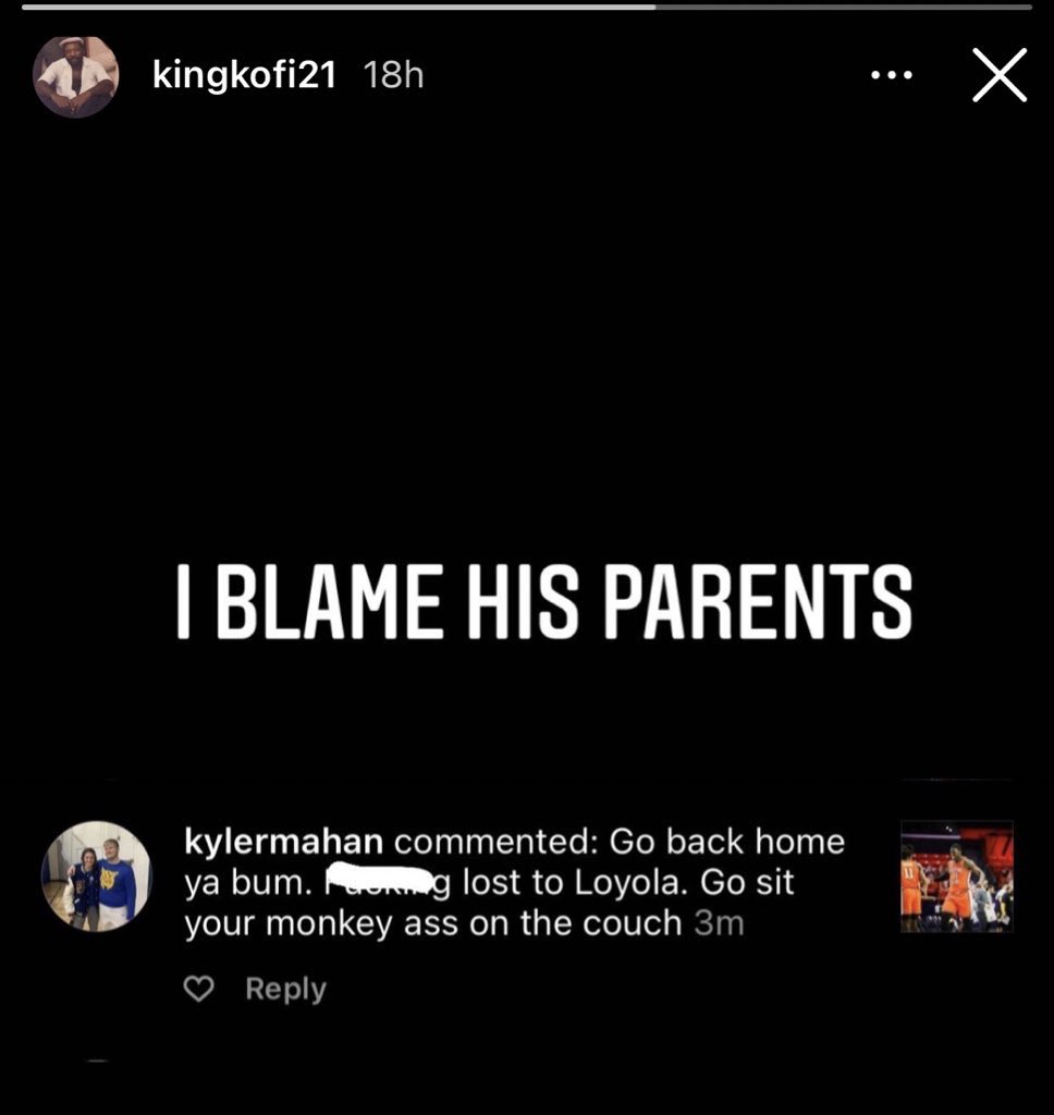 BarstoolILL's tweet photo. This racist comment at Kofi yesterday is appalling and won’t be tolerated. 

For the few that have chosen to make racist and negative comments towards our players and coaches, your actions are unacceptable. Hate and derision have no place in Illini Nation or in our society. https://t.co/MJ7EyxoWS2