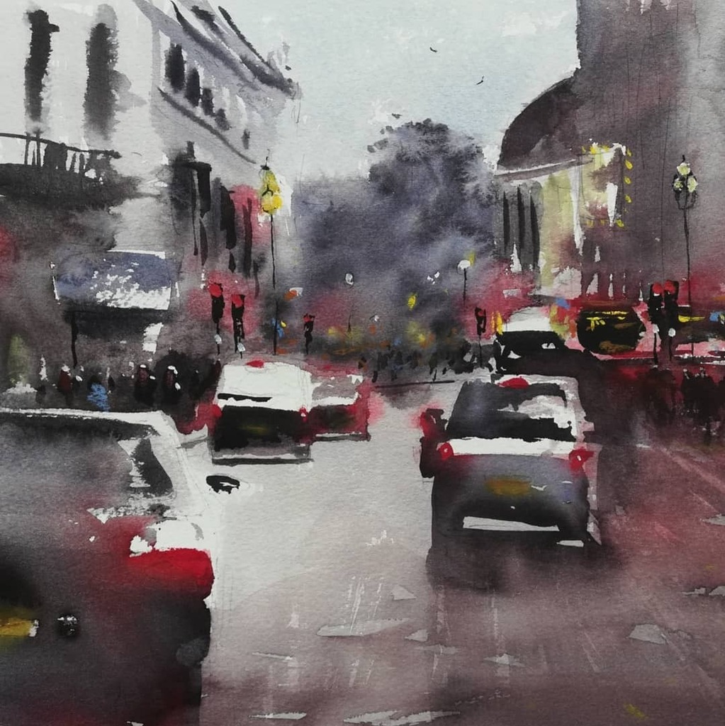 #robertmeeartist #london #watercolour #art #rainlondon #coventrystreet #cityscape #cars #commuterlife #reflections #taillights #night #driving #watercolourart #painter #loosewatercolor #atmosphere