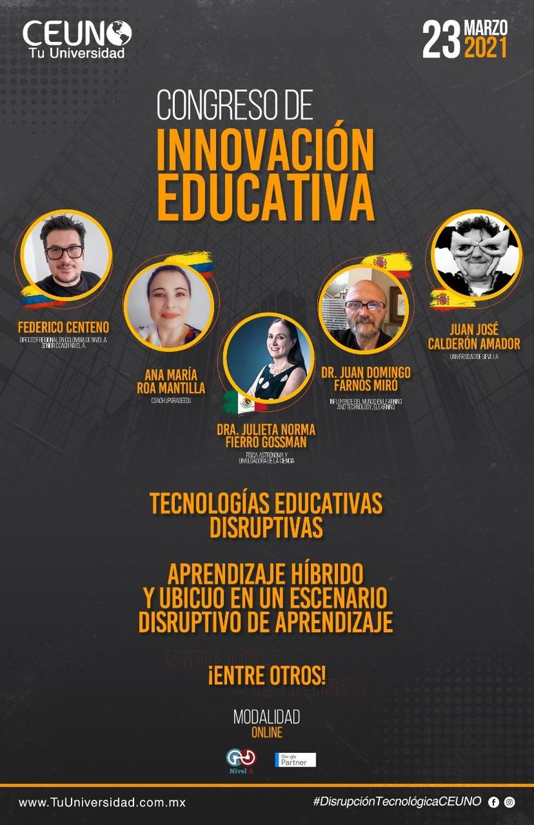 #JuntosPorLaEducación Está llegando el “Congreso De Innovación Educativa”.
 
23 de marzo 
10 am Sonora, Sinaloa y Baja Cali
11 am CDMX
12 pm Lima y Bogotá
02 pm Santiago

Vía ZOOM link.nive.la/congresoinnova…
ID reunión:263 128 2485 Código:Ceuno

Regístrate: ceunoplataformas.com/congreso/
