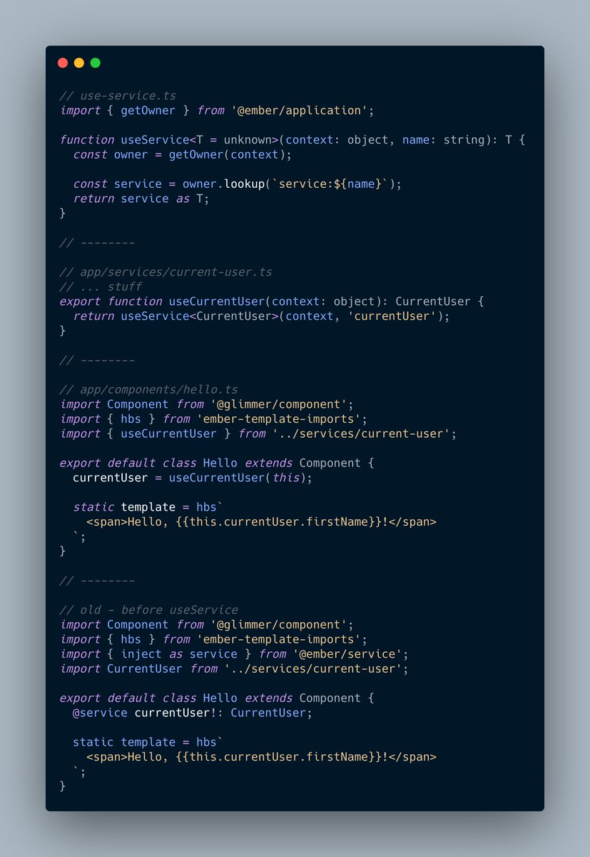 josemarluedke's tweet photo. The other day I realized we can create a useService fn instead of using a decorator to inject an Ember Service. This is arguable better for TypeScript users where we need to have multiple imports and forcing TS to ignore uninitialized property. #emberjs @emberjs What's your take? https://t.co/15Jl62BIV6