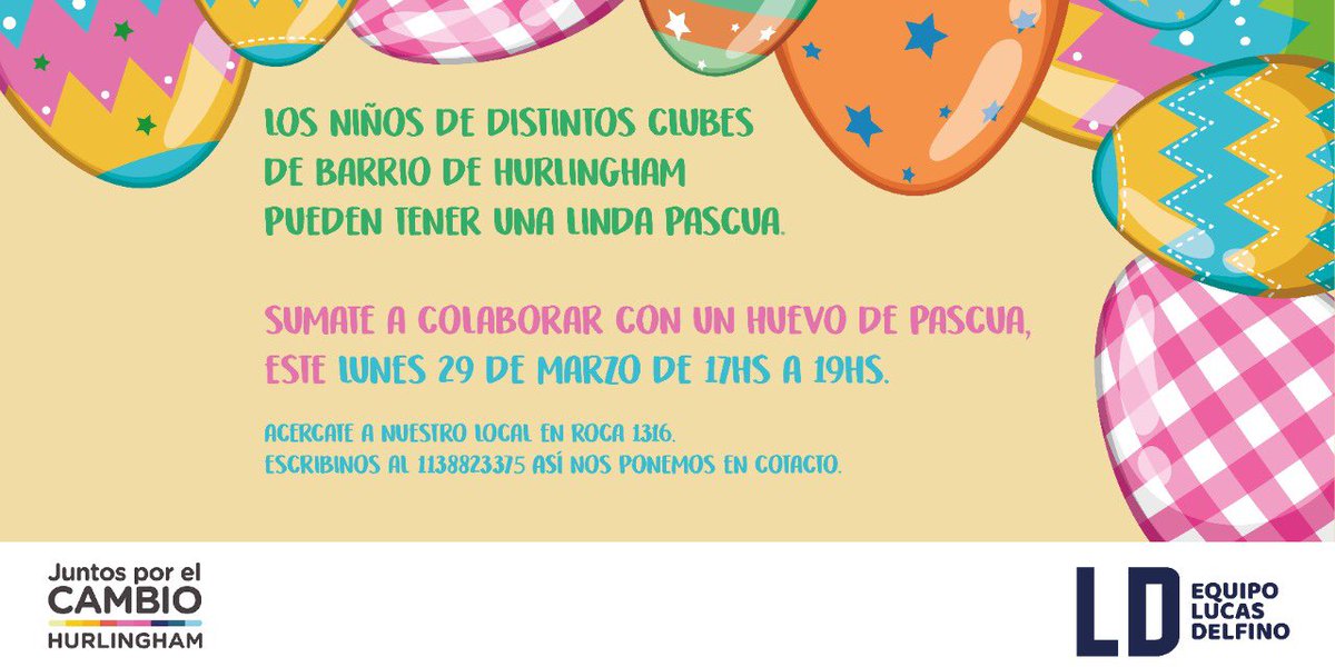 Jxc_hurlingham's tweet photo. Si querés y podés colaborar con un huevo de Pascua para los chicos de los clubes de #Hurlingham acercate a nuestro local (Roca 1316) el lunes 29 de marzo de 17 a 19hs. 

¡Juntos podemos hacer que los chicos tengan una linda Pascua! https://t.co/lajJCfYsc4