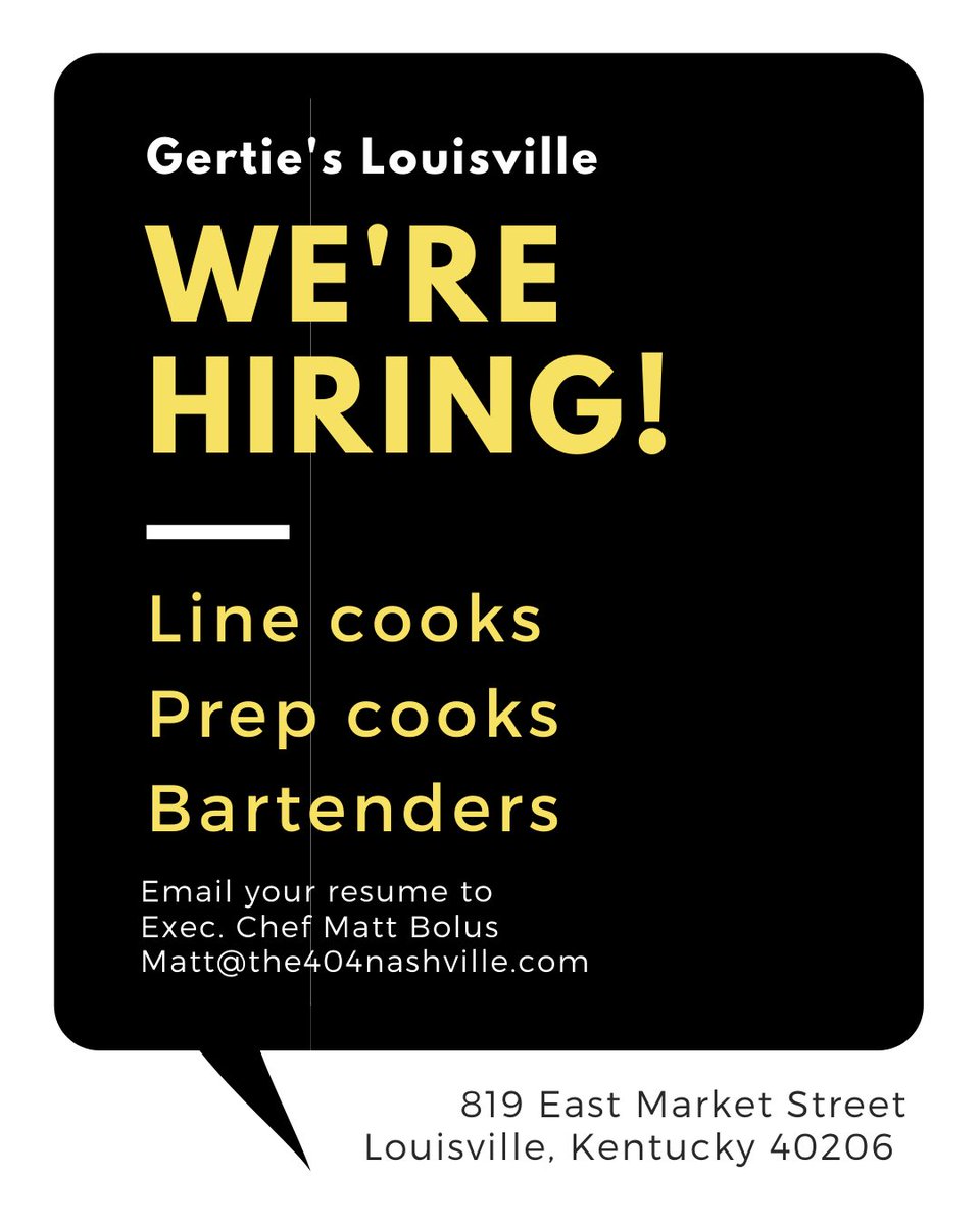 We’re so excited to announce we will soon be opening a second set of doors for Gertie’s in the NULU Marketplace, Louisville! We’ll keep everyone posted on the opening date, but for now...we’re hiring! Spread the word and send your resumes to matt@the404nashville.com