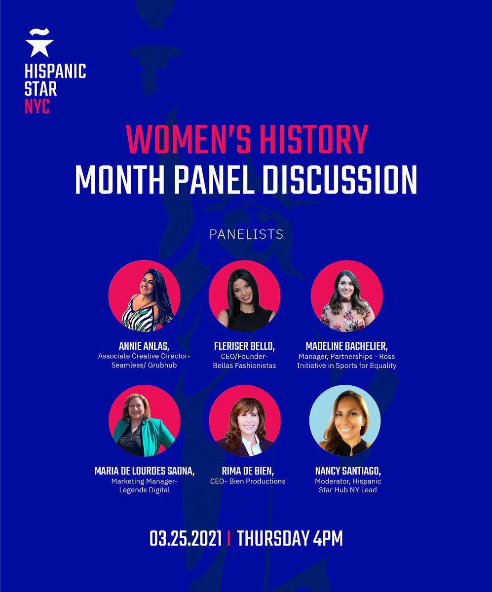 In celebration of Women's History Month, join us next Thursday March 25th, in the <a href="/HispanicStarNYC/">Hispanic Star NYC Hub</a> discussion panel. Get to know some of the NYC Hub Women sharing their experiences and passions in both corporate and community roles. 
 
Link in bio!
#womenshistorymonth