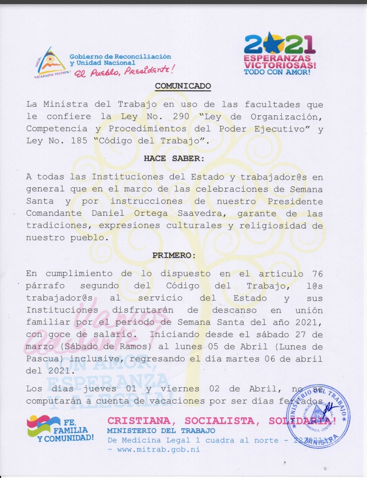 oscarviva13's tweet photo. Comunicado del #MITRAB sobre vacaciones en Semana Santa para los trabajadores del Estado de #Nicaragua @VivaNicaragua13 @FslnRed @Tuiteros_Sandi @CuadernoSandino https://t.co/e4azxNCKm2