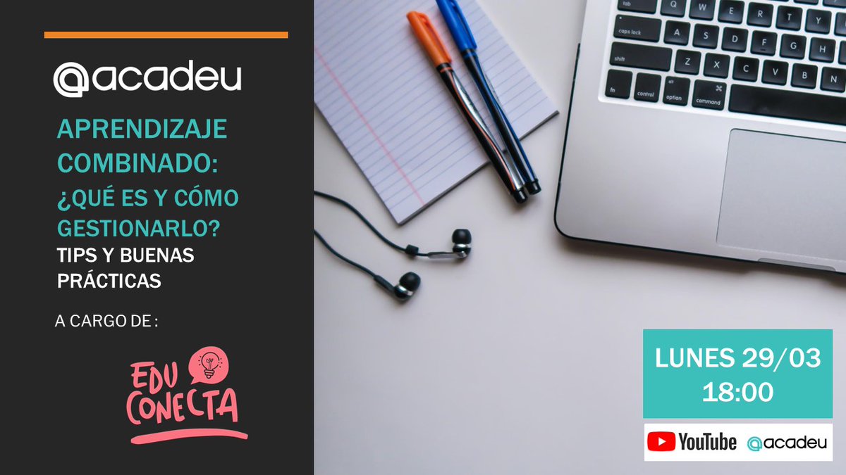 📢 Webinar "Aprendizaje combinado: ¿Qué es y cómo gestionarlo?" 🎒💻
📍Lunes 29/03 a las 18.00
🎙YouTube Live Acadeu

Inscripción👇
forms.gle/v6qBwwXPEz6DEb…

#TecnologiasEducativas #aprendizajecombinado #escuelaentiempodecovid
#edtech #GestiónEducativa #plataformadigital