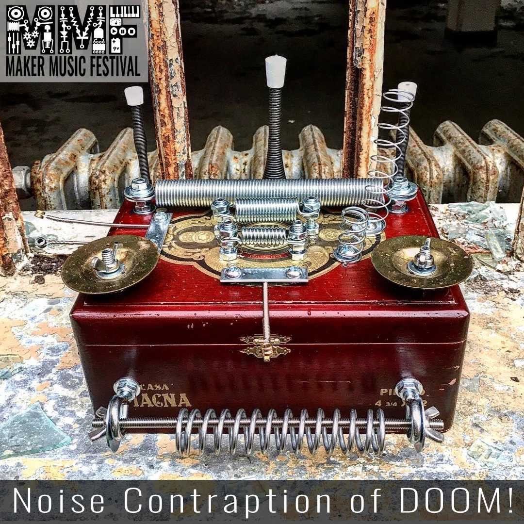MakerFestival's tweet photo. Meet the Maker: Jason Cullup, musician &amp; instrument maker. “Noise Contraption of DOOM!” is made from parts he had at home or picked up at the hardware store - a piezo equipped thrift store guitar with springs. #makermusic #makermade #soundart #instrumentmaker #instruments #mmf21 https://t.co/hXZbGcX5o4
