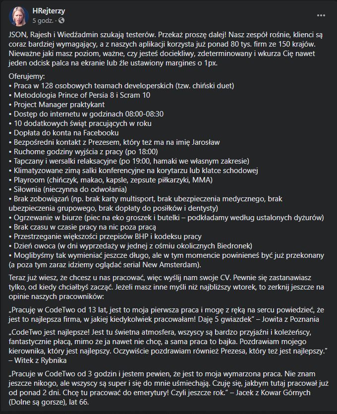 To chyba podsumowuje, jak powinno pisać się ogłoszenia o pracę👏 
@C2poPolsku śmiałem się dłużej niż wypada. Dobra robota😂
#hrterzy #pracapolujenaczłowieka