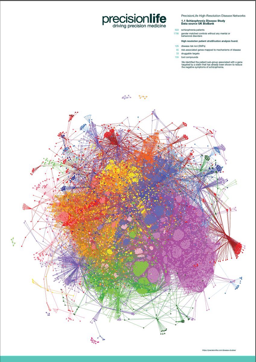 precisionlifeAI's tweet photo. You listen to people like @simonbayly and all of a sudden you have 8 poster designs based on #PrecisionLife High-Resolution Disease Networks. We plan to print 4.  May need #biotwitter to weigh in and choose - #Schizophrenia preview below. https://t.co/q8K1hR4BQp