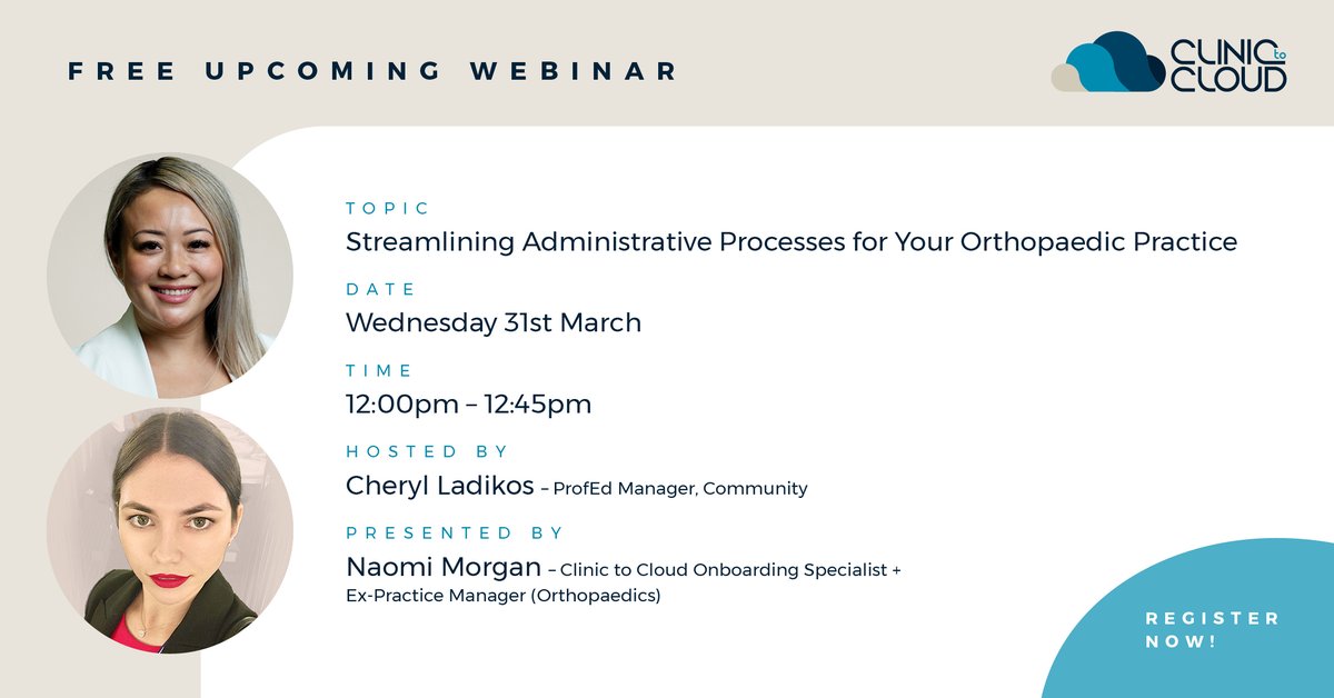 Webinar | Simplifying Administrative Processes for Your Orthopaedic Practice

Click through to register for this exclusive event presented by Naomi Morgan, Customer Success Advisor and Ex-Practice Manager (Orthopaedics).

clinicto.cloud/3vYQaCX