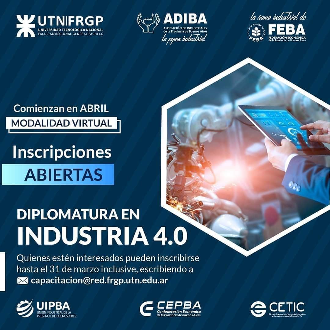 ceticok's tweet photo. Nueva Diplomatura en Industria 4.0

INSCRIPCIÓN ABIERTA: hasta
31/03/21

CHARLA INFORMATIVA: MAÑANA MARTES 23 de marzo a las 19hs por Zoom.
Para mayor información, escribinos a capacitacion@red .frgp.utn.edu.ar. Conocé el programa en https://t.co/USSYbCX99y @ADIBApyme @UIPBA https://t.co/xHh6keyuut