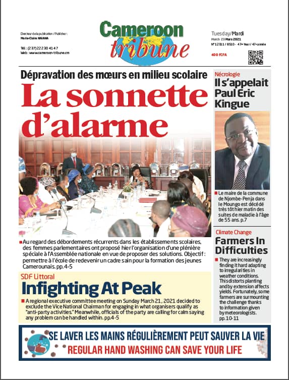 CamerounTribune's tweet photo. La #Une de @CamerounTribune du 23 mars 2021 https://t.co/C65ggFkDhF