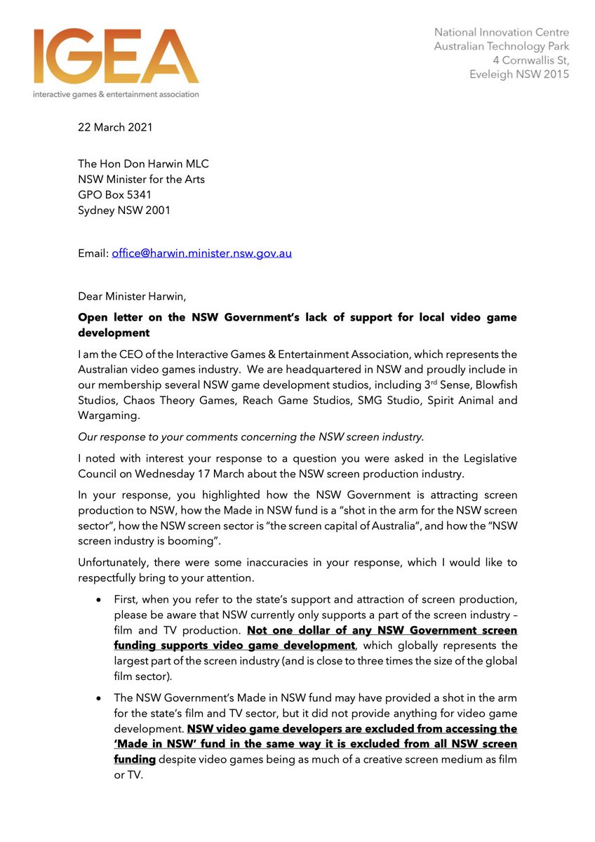 igea's tweet photo. @Don_Harwin @Create_NSW We wrote to the Minister and look forward to a meeting and highlighting the opportunities that abound to really make NSW the ‘screen capital of Australia.’
@3RDSENSE @blowfishstudios @chaostheory_au @Reach_Games @smgstudio @WG_SYD https://t.co/C8f7zAATRh