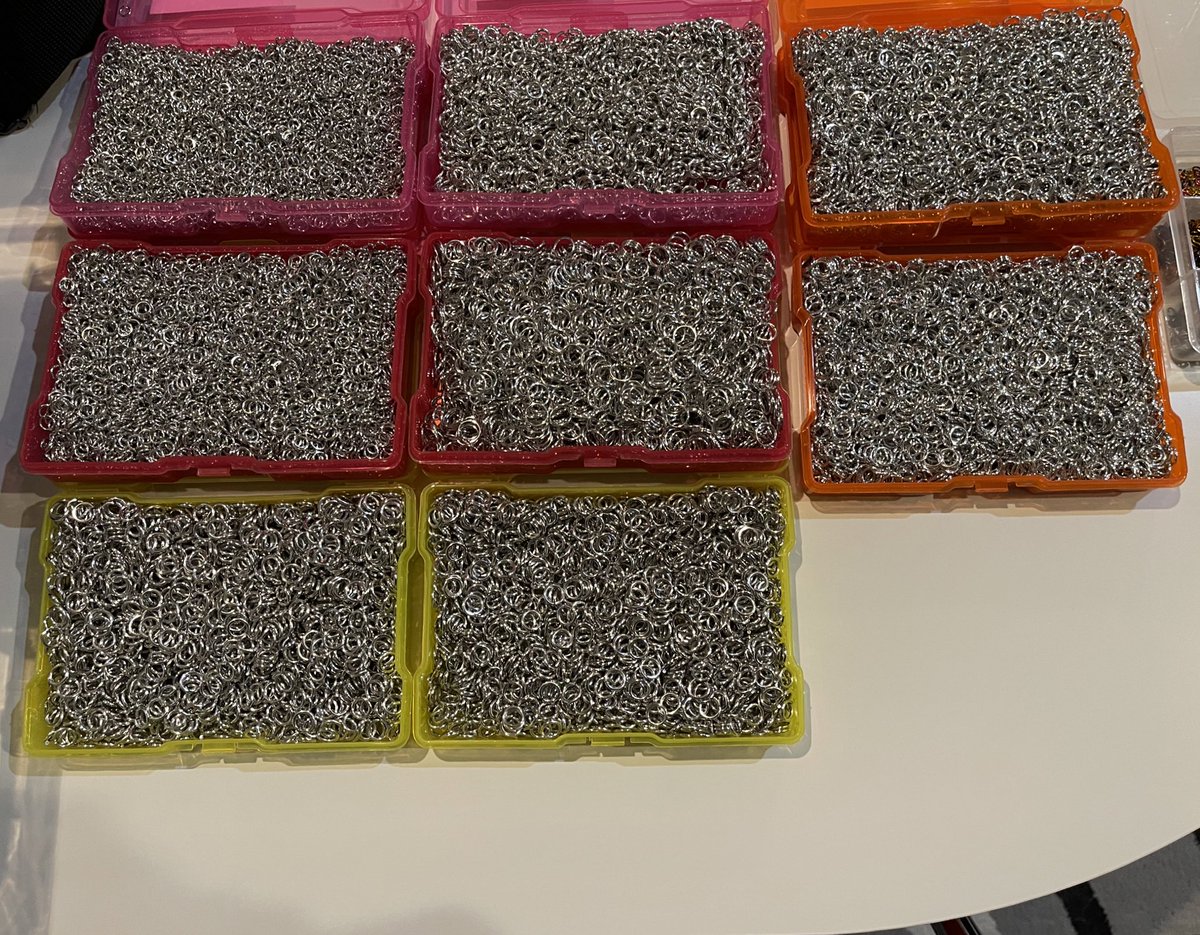 DsnyPixChck's tweet photo. This is what 30,000 jump rings looks like when they are organized by size. 6 different sizes represented here. I’m tired. Now I can start some chainmail projects..... https://t.co/BYYIyW4IBc