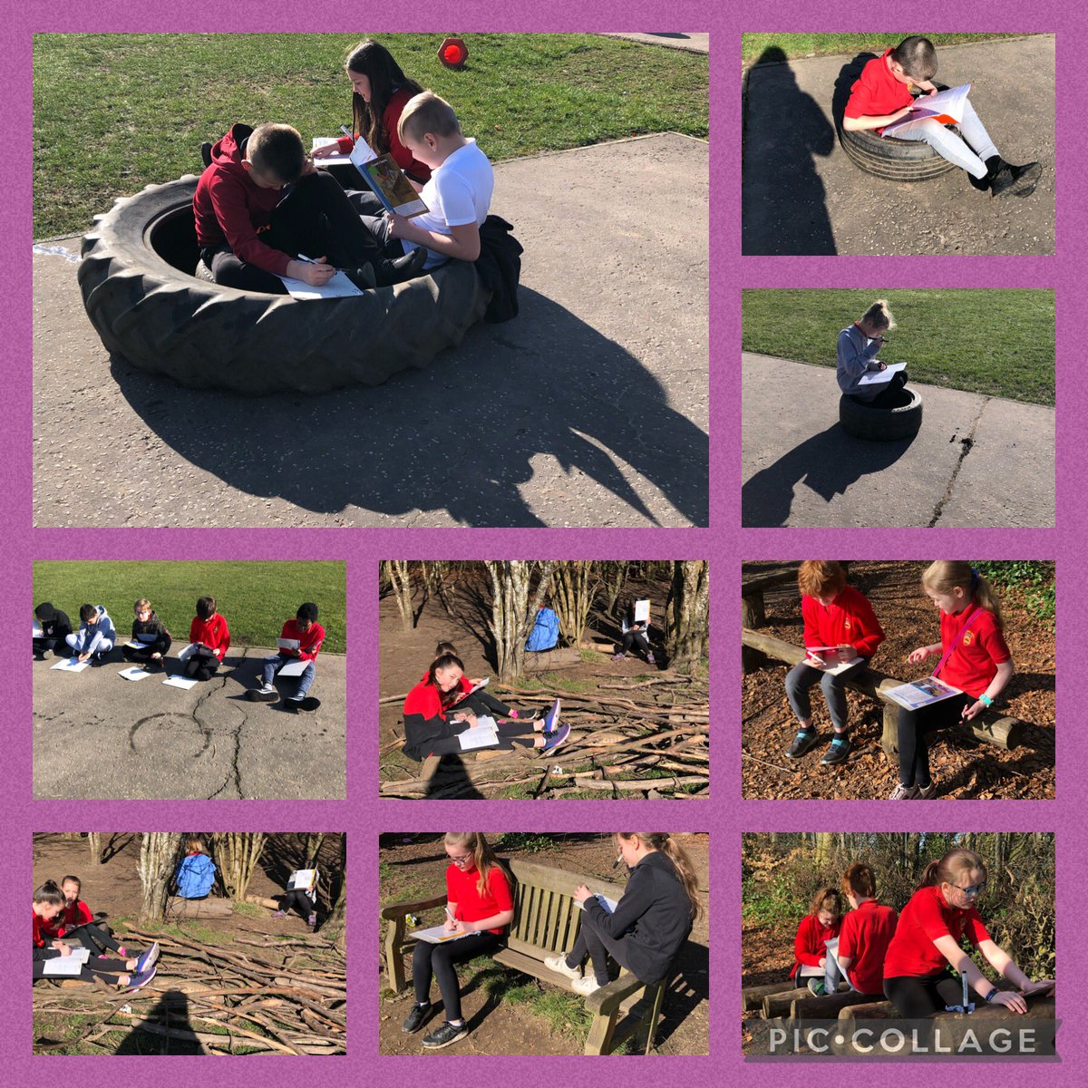 stfrancisP6's tweet photo. Some snaps from last Friday of Team14 making the most of the wonderful weather. We did spelling and SRA outside. Some children noticed how different it was reading outside in the sunshine to being inside! #changeofenvironment #freshair #outdoorclassroom https://t.co/MdJytJoxZk