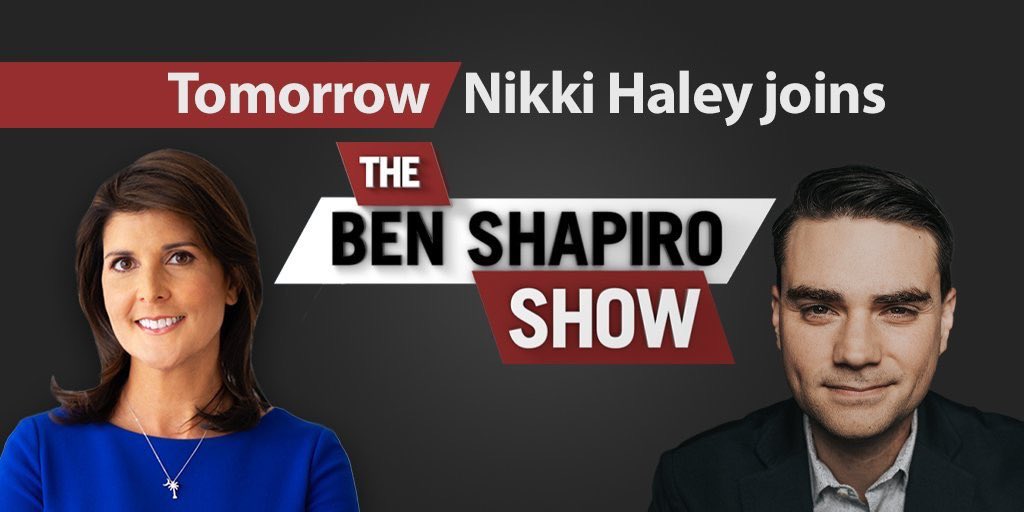 NikkiHaley's tweet photo. I'm excited to be joining @benshapiro tomorrow on his show to talk about my latest op-ed for The Daily Wire. 

Conservatives will love it, those looking to play identity politics will not. https://t.co/Dwx9xddVDj
