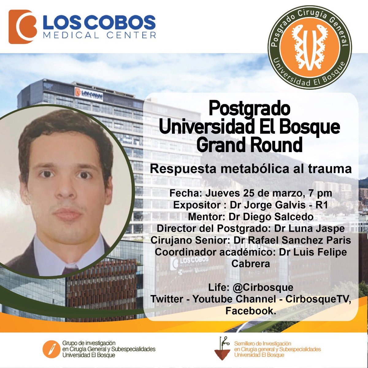 CiruAndes2's tweet photo. This Thursday our first year resident Dr Jorge Galvis will present the first Grand Round of the 2021 with the mentorship of Dr @DsalcedoUb! The best wishes in his presentation! #SoMe4Surgery #MedTwitter @juliomayol @gabrielcirugia @SWexner @pferrada1 @PipeCabreraV @GlobalSurg https://t.co/wa3Gm6KuE1