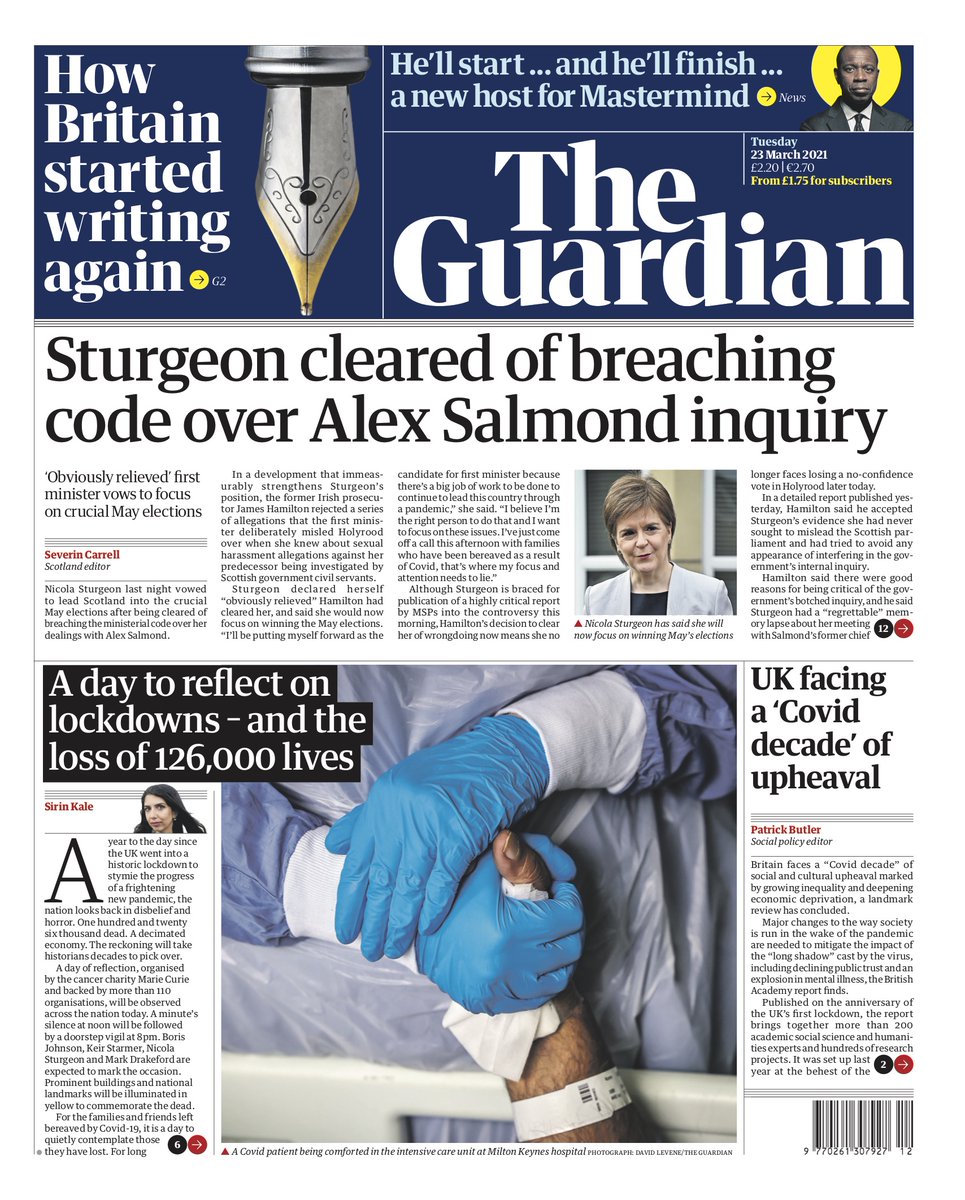 Guardian front page, Tuesday 23 March 2021 Sturgeon cleared of breaching code over Alex Salmond inquiry